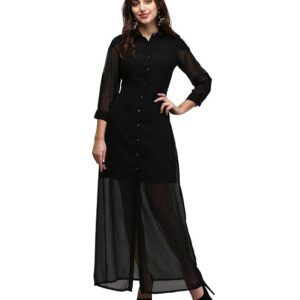 V&M Women's Solid Georgette Long Maxi Dress | Button-Up Shirt Style with 3/4 Sleeves | Perfect for Casual, Party & Summer Wear
