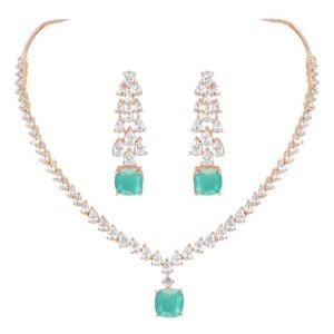 Peora Rose Gold Plated Cubic Zirconia Studded Necklace Drop Earrings Western Jewellery Set for Women Girls