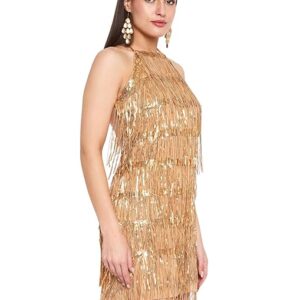 Martini Women Western Dress | Bodycon Mini Short Dress | Backless | Fringe | Cocktail Clubwear (Golden)