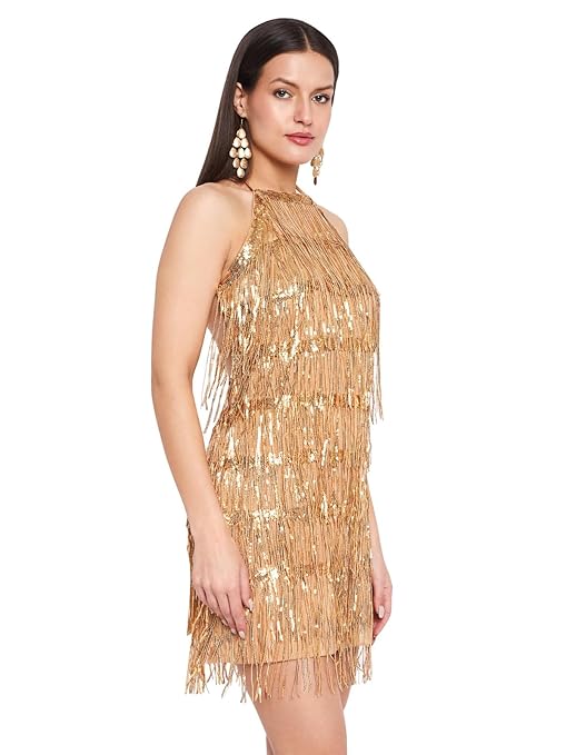 Martini Women Western Dress | Bodycon Mini Short Dress | Backless | Fringe | Cocktail Clubwear (Golden)