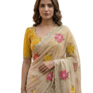 Handcrafted Floral Embroidered Saree with Contrast Blouse