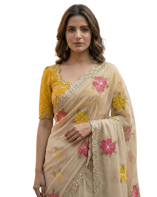 Handcrafted Floral Embroidered Saree with Contrast Blouse