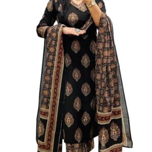 Rangnavi Women's Cotton Trending Straight Kurta with Pants and Dupatta Set | Ethnic Set (BLACK)