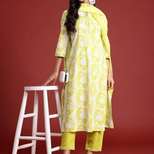 INDO ERA Women's Pure Cotton Printed Straight Kurta & Pant With Dupatta Set