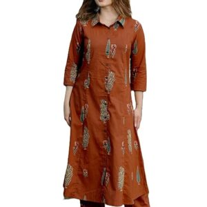 Arayna Women’s Pure Cotton Printed A-Line Kurta Set with Pants | Button-Down Collar Kurta