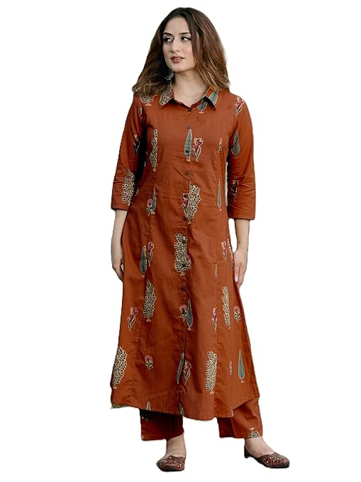 Arayna Women’s Pure Cotton Printed A-Line Kurta Set with Pants | Button-Down Collar Kurta