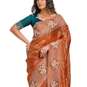 SIRIL Women's Tissue Silk Sequence Embroidery Scalloped Border Saree With Unstitched Blouse Piece
