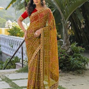 SIRIL Women's Bandhani Printed, Foil Print, Embroidery Lace Georgette Saree With Unstitched Blouse Piece